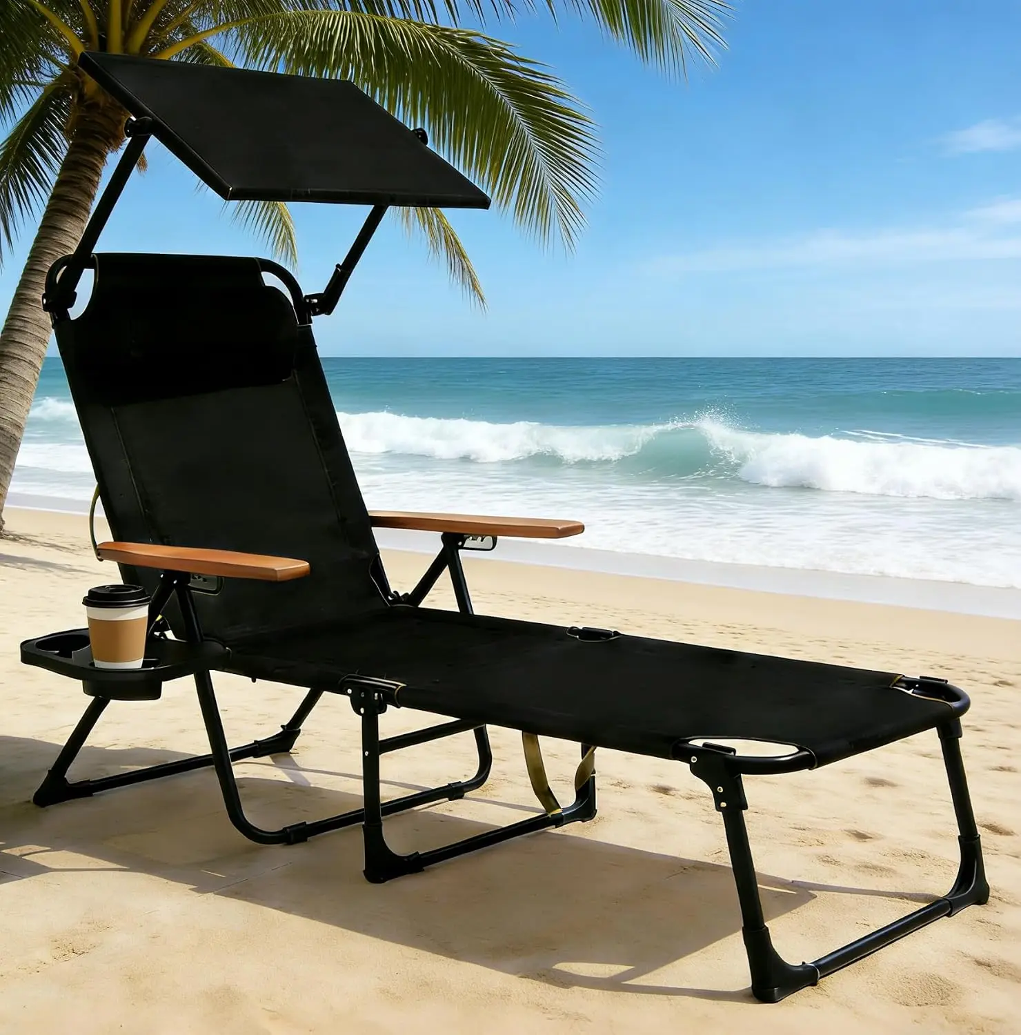 Folding Outdoor Lounge Chair, 4-Position Recliner with Wood Armrest, Pillow & Cup Holder, Patio Beach Garden Chair, Customized
Folding Outdoor Lounge Chair, 4-Position Recliner with Wood Armrest, Pillow & Cup Holder, Patio Beach Garden Chair, Customized
