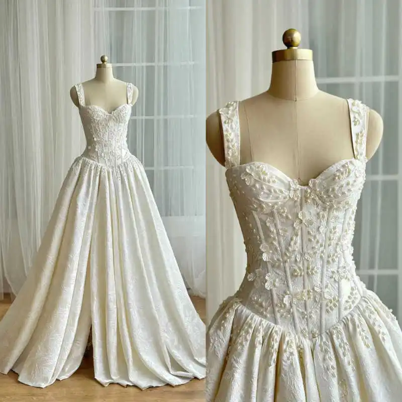 Gorgeous Floral Applique Ball Gown Wedding Dress Spaghetti Strap High Slit Satin Formal Bridal Gown Vestidos Mujer Customized
Gorgeous Floral Applique Ball Gown Wedding Dress Spaghetti Strap High Slit Satin Formal Bridal Gown Vestidos Mujer Customized