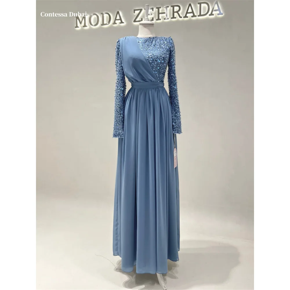 Contessa Dubai Asymmetric Beaded Waist Tie Pleats Prom Dress Trumpet A-Line فساتين سهراتSweep Train Srobes de soirée
Contessa Dubai Asymmetric Beaded Waist Tie Pleats Prom Dress Trumpet A-Line فساتين سهراتSweep Train Srobes de soirée