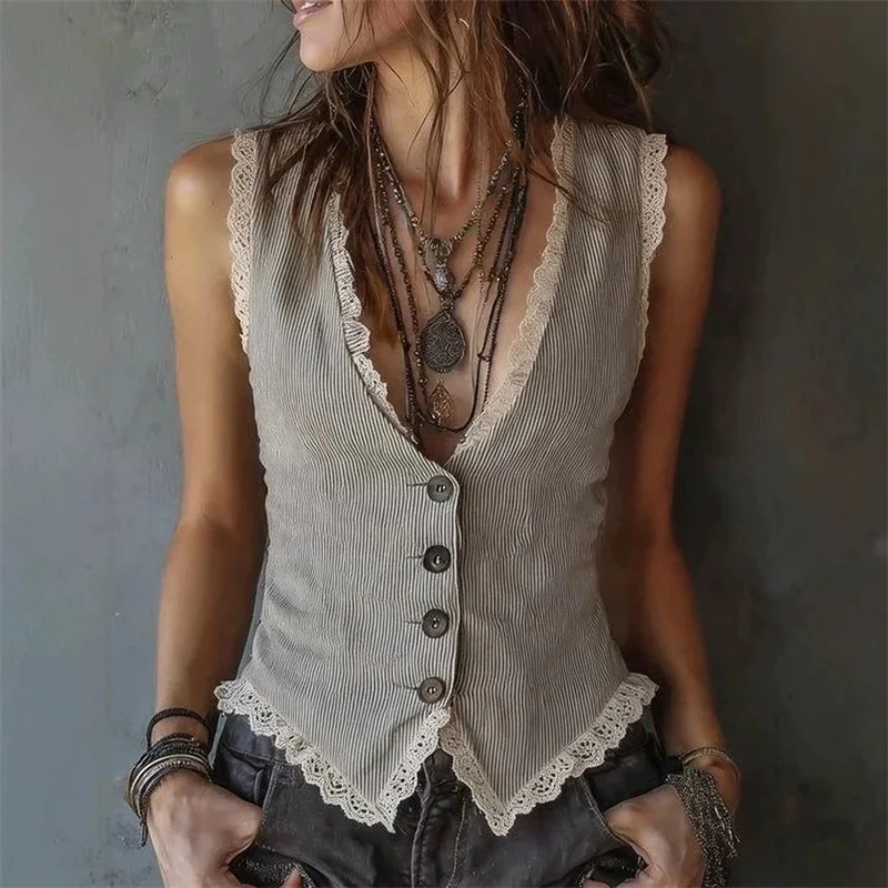 Chic V-Neck Women's Vest Summer Elegant Waist Cinched Striped Vest Jacket Sleeveless Slim Fit Lace Trim Waistcoat Party
Chic V-Neck Women's Vest Summer Elegant Waist Cinched Striped Vest Jacket Sleeveless Slim Fit Lace Trim Waistcoat Party