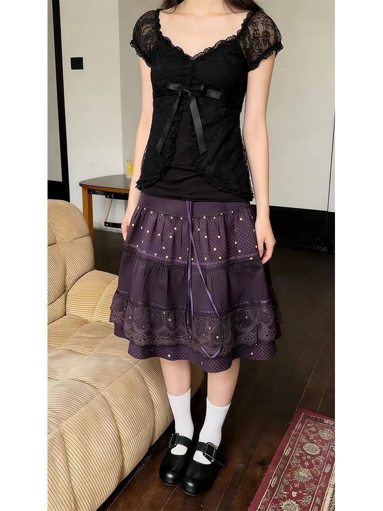 Black Lace Splice V-Neck Short Sleeve Women's Top Summer 2026 New Purple Polka Dot Half-Length Skirt Two-Piece Set Fashionabl...
Black Lace Splice V-Neck Short Sleeve Women's Top Summer 2026 New Purple Polka Dot Half-Length Skirt Two-Piece Set Fashionabl...