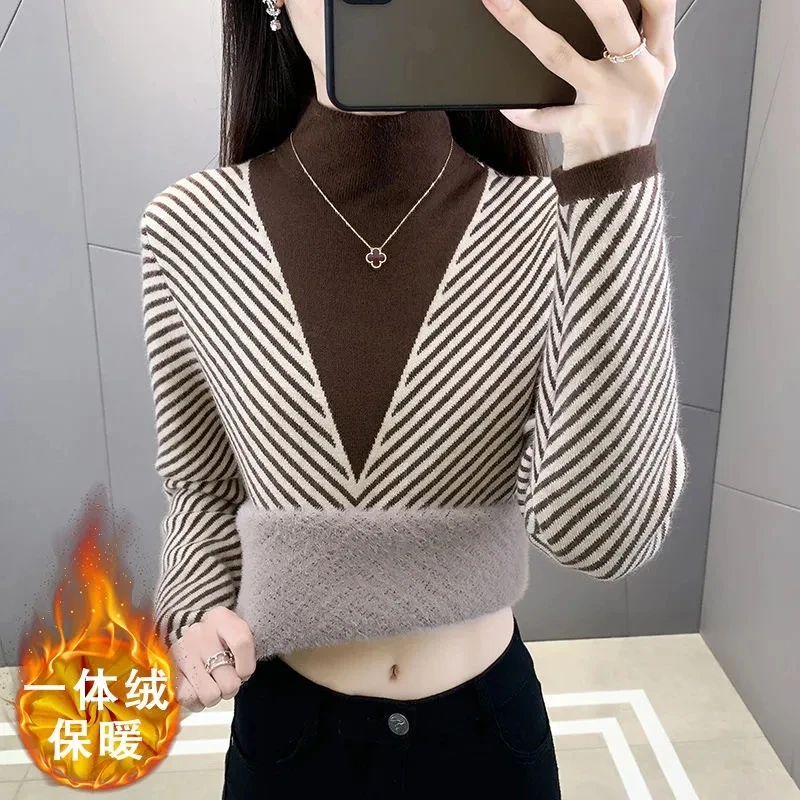 Plus Velvet Sweater Bottom Shirt Women's Outside Wear New Autumn Winter Thick Knitwear Semi-High Neck Slim Fake Two Sweater Tops
Plus Velvet Sweater Bottom Shirt Women's Outside Wear New Autumn Winter Thick Knitwear Semi-High Neck Slim Fake Two Sweater Tops