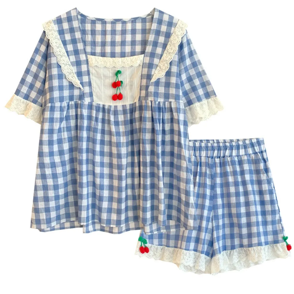 Cherry Lace Grid Pajama Suit Stripe Square Neck Shorts Camisole Nightwear Women Homewear Short Sleeve Two Pieces Sleepwear Sets
Cherry Lace Grid Pajama Suit Stripe Square Neck Shorts Camisole Nightwear Women Homewear Short Sleeve Two Pieces Sleepwear Sets