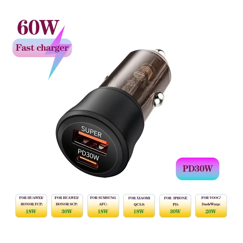 60W 2 Port Mini Car Charger with Super PD30W QC3.0 Fast Charging USB car Cigarette Lighter Adapter Transparent Design for phones
60W 2 Port Mini Car Charger with Super PD30W QC3.0 Fast Charging USB car Cigarette Lighter Adapter Transparent Design for phones