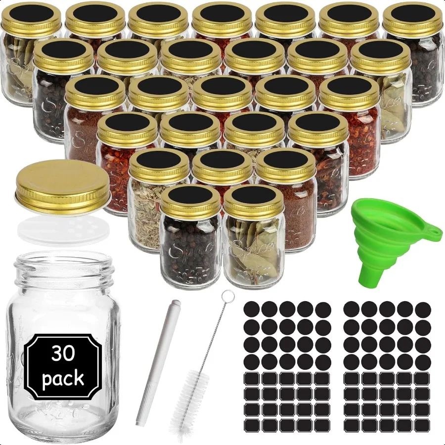 CycleMore 30 Pack 4oz Glass Mason Spice Jars Round Spice Containers with Gold Metal Caps and Pour Sift Shaker Lids80pcs Labels
CycleMore 30 Pack 4oz Glass Mason Spice Jars Round Spice Containers with Gold Metal Caps and Pour Sift Shaker Lids80pcs Labels
