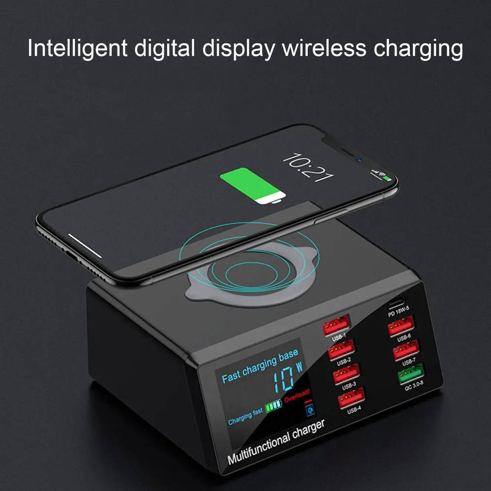 100W PD QC 3.0 Charger 8 Ports Smart USB Digital Display Charging Dock Station Qi Wireless Fast Charger for iPhone Samsung
100W PD QC 3.0 Charger 8 Ports Smart USB Digital Display Charging Dock Station Qi Wireless Fast Charger for iPhone Samsung