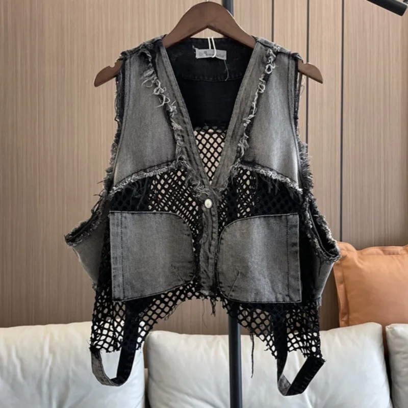 Personalized Trendy Brand Street Denim Vest Women's Clothing Design Sense Mesh Splicing Washed Old Short Vests Female
Personalized Trendy Brand Street Denim Vest Women's Clothing Design Sense Mesh Splicing Washed Old Short Vests Female