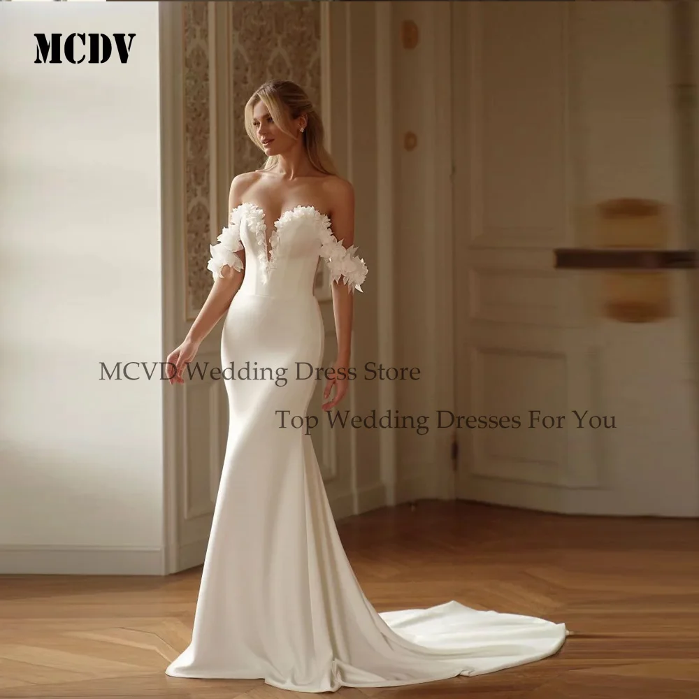 MCDV Flowers Satin Wedding Dresses Women Off Shoulder Illusion Back Mermaid Bridal Gown Elegant Customized Vestido De Novia 
MCDV Flowers Satin Wedding Dresses Women Off Shoulder Illusion Back Mermaid Bridal Gown Elegant Customized Vestido De Novia