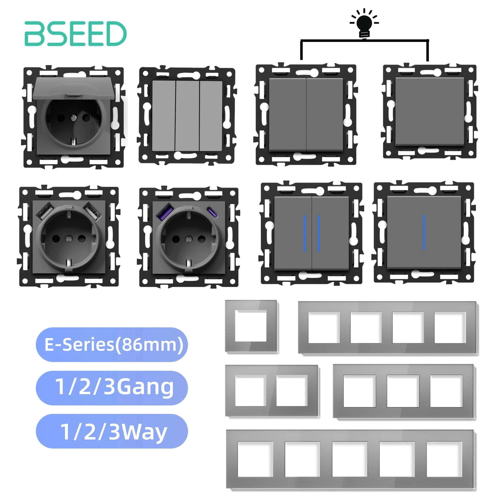 BSEED 1/2/3Way Switch Modules E-Series 86mm Push Button Switch Part with Indicator Light DIY Combination Wall Sockets USB Type-C
BSEED 1/2/3Way Switch Modules E-Series 86mm Push Button Switch Part with Indicator Light DIY Combination Wall Sockets USB Type-C