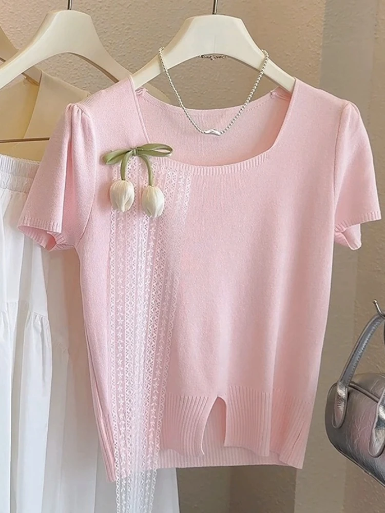 Korobov Korean sweet Summer Square Collar Short Sleeve Solid Flower Lace Knitted Slim Pullovers
Korobov Korean sweet Summer Square Collar Short Sleeve Solid Flower Lace Knitted Slim Pullovers