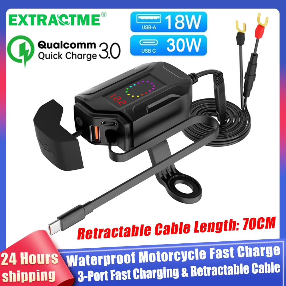 Extractme QC3.0 Motorcycle Fast Charger 3 Ports Retractable 12V-24V 30W PD 18W USB-A IP65 Waterproof Motorcycle Phone Charger
Extractme QC3.0 Motorcycle Fast Charger 3 Ports Retractable 12V-24V 30W PD 18W USB-A IP65 Waterproof Motorcycle Phone Charger