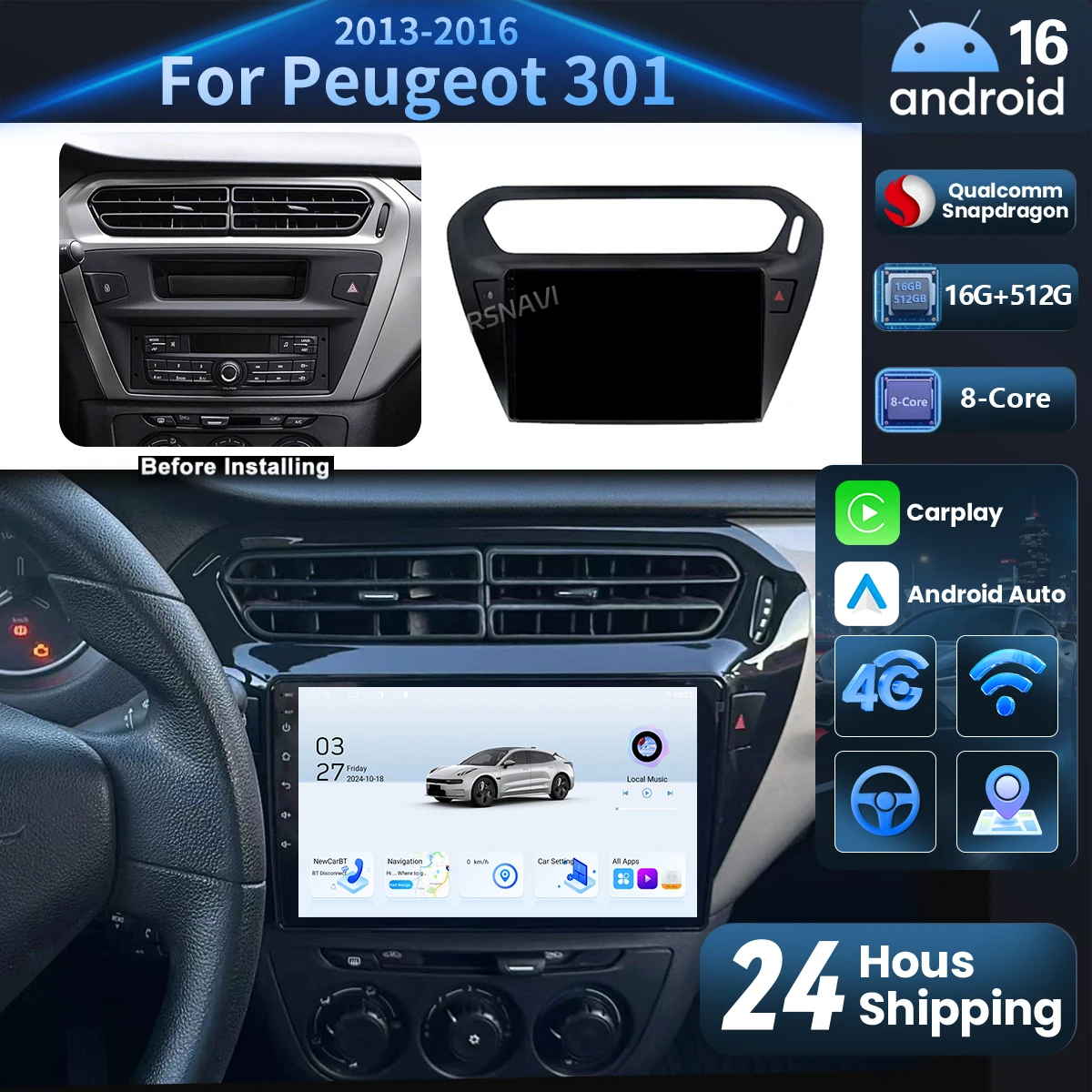 Qualcomm Android 16 Carplay Auto 2K Screen Car Radio Multimedia For Peugeot 301 C-Elysee CElysee 2012-2016 16G-512G Stereo BT
Qualcomm Android 16 Carplay Auto 2K Screen Car Radio Multimedia For Peugeot 301 C-Elysee CElysee 2012-2016 16G-512G Stereo BT
