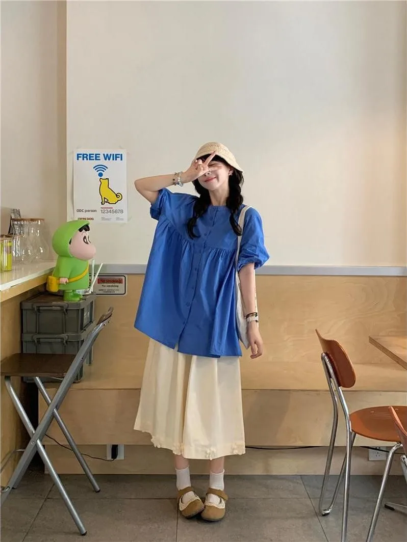 Japanese Style Loose Short Sleeve Shirt Women's Single Button Summer New Style Slimming Versatile Age-Reducing Top
Japanese Style Loose Short Sleeve Shirt Women's Single Button Summer New Style Slimming Versatile Age-Reducing Top