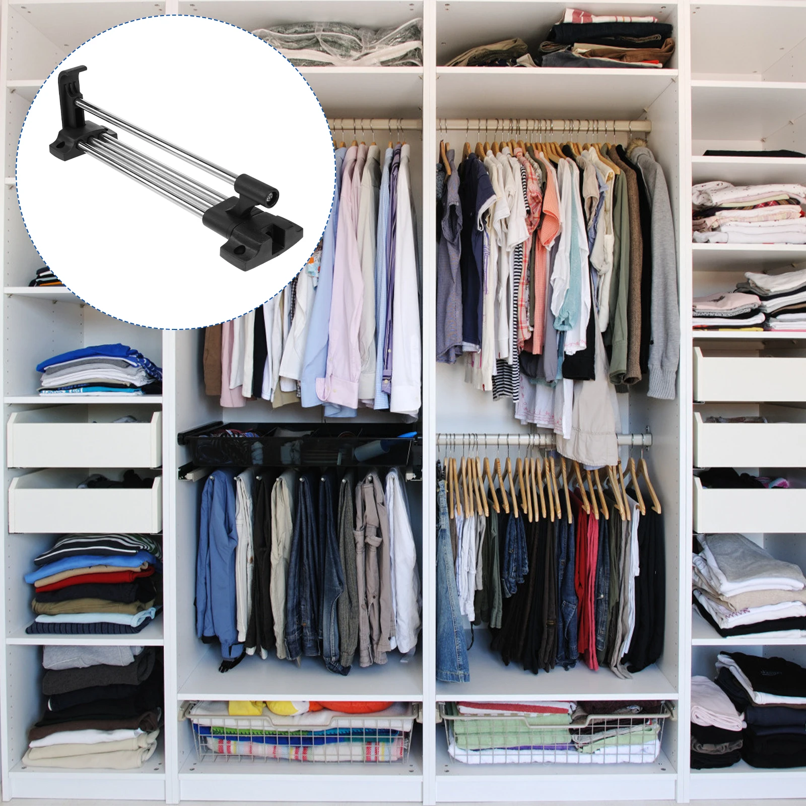 Retractable Stainless Steel Wardrobe Rail Clothes Hanger Closet Rod Non-Slip Design Space Saving Storage Solution For Pants
Retractable Stainless Steel Wardrobe Rail Clothes Hanger Closet Rod Non-Slip Design Space Saving Storage Solution For Pants