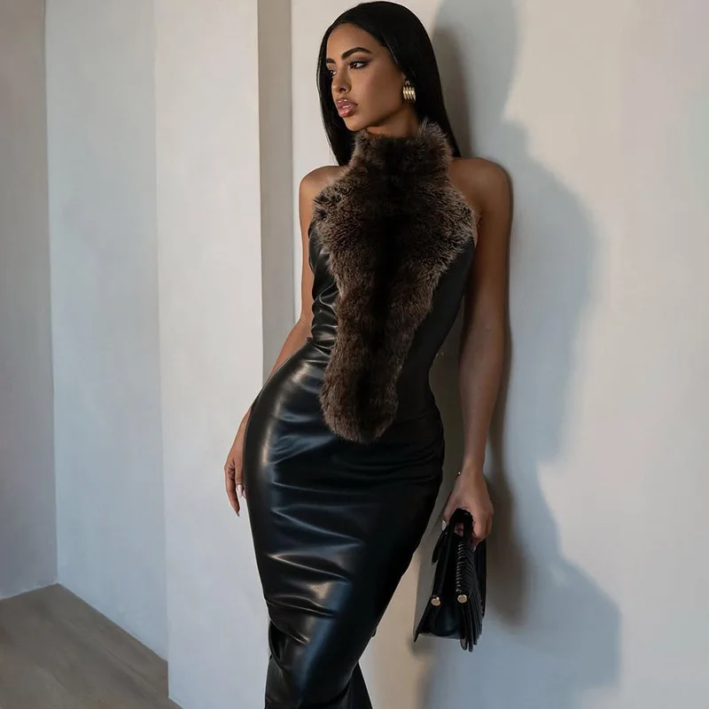 Typhaland Furry Splice PU Leather Dress Streetwear Retro Halter Sleeveless Long Dress Fashion Slim Club Party Dress 2026 New
Typhaland Furry Splice PU Leather Dress Streetwear Retro Halter Sleeveless Long Dress Fashion Slim Club Party Dress 2026 New