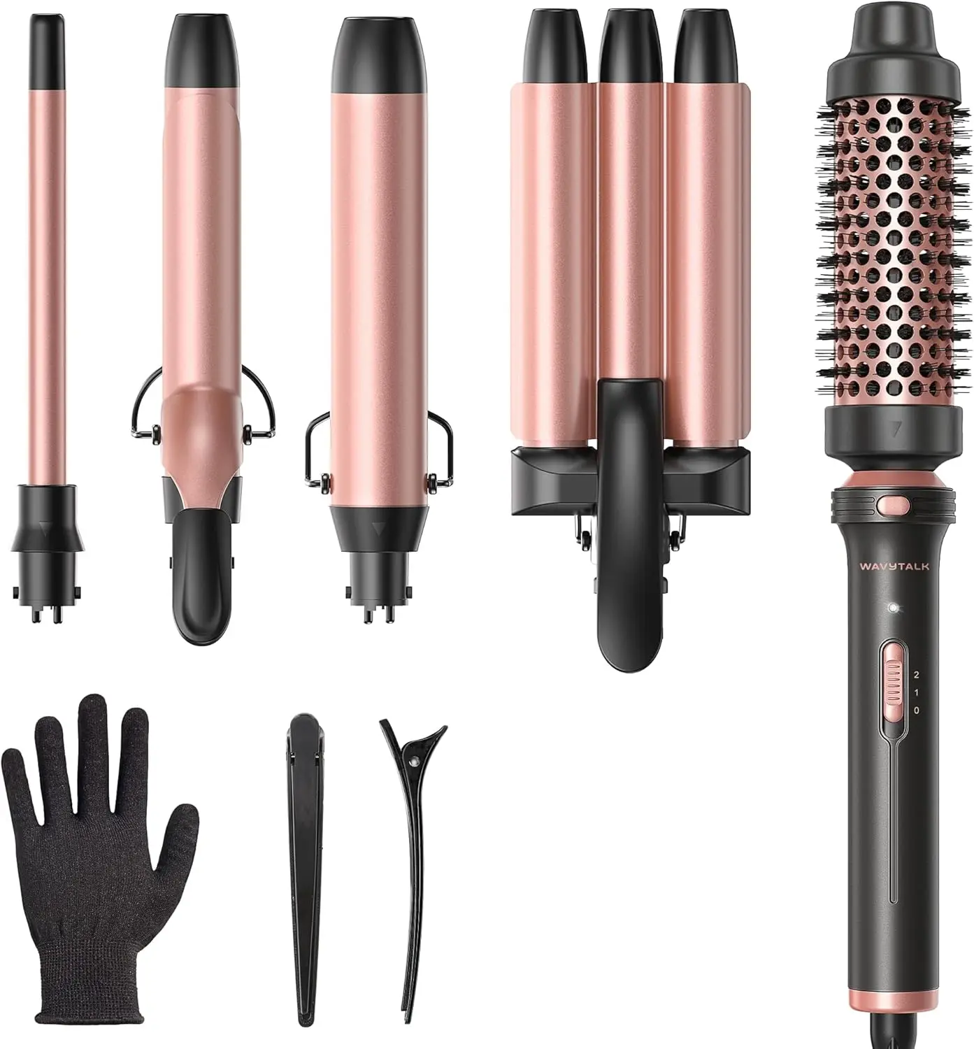5-in-1 Curling Wand Set with 5 Interchangeable Barrels, Thermal Brush, Hair Crimper & 3 Ceramic Wands (0.5"-1.25") Rose Pink
5-in-1 Curling Wand Set with 5 Interchangeable Barrels, Thermal Brush, Hair Crimper & 3 Ceramic Wands (0.5"-1.25") Rose Pink