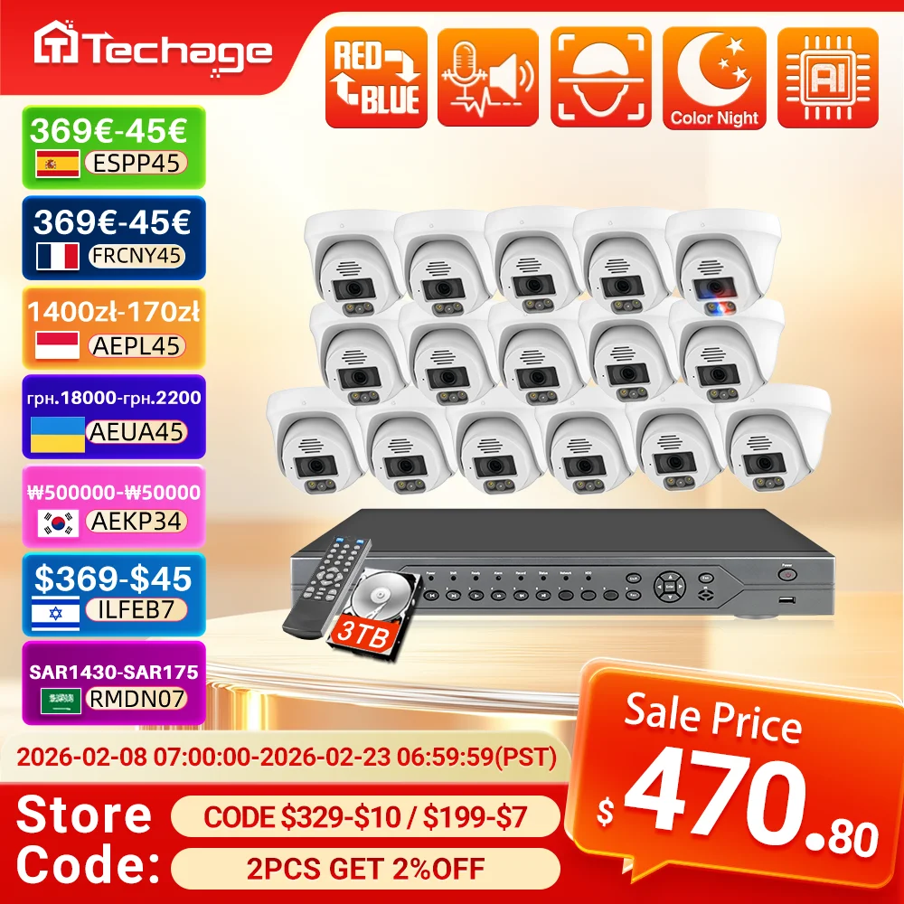 Techage 16CH 4K 8MP POE Camera Security System Dome Two-Way Audio Full Color Night Vision CCTV Video Surveillance Camera Kit