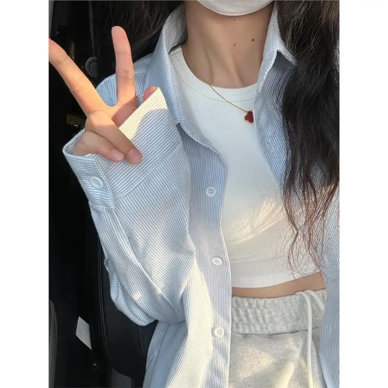 Loose Fit Striped irt Women's Summer Long Sve Thin Outerwear Blue White Color Blo Lazy Sle Cotton Collar Button...
Loose Fit Striped irt Women's Summer Long Sve Thin Outerwear Blue White Color Blo Lazy Sle Cotton Collar Button...
