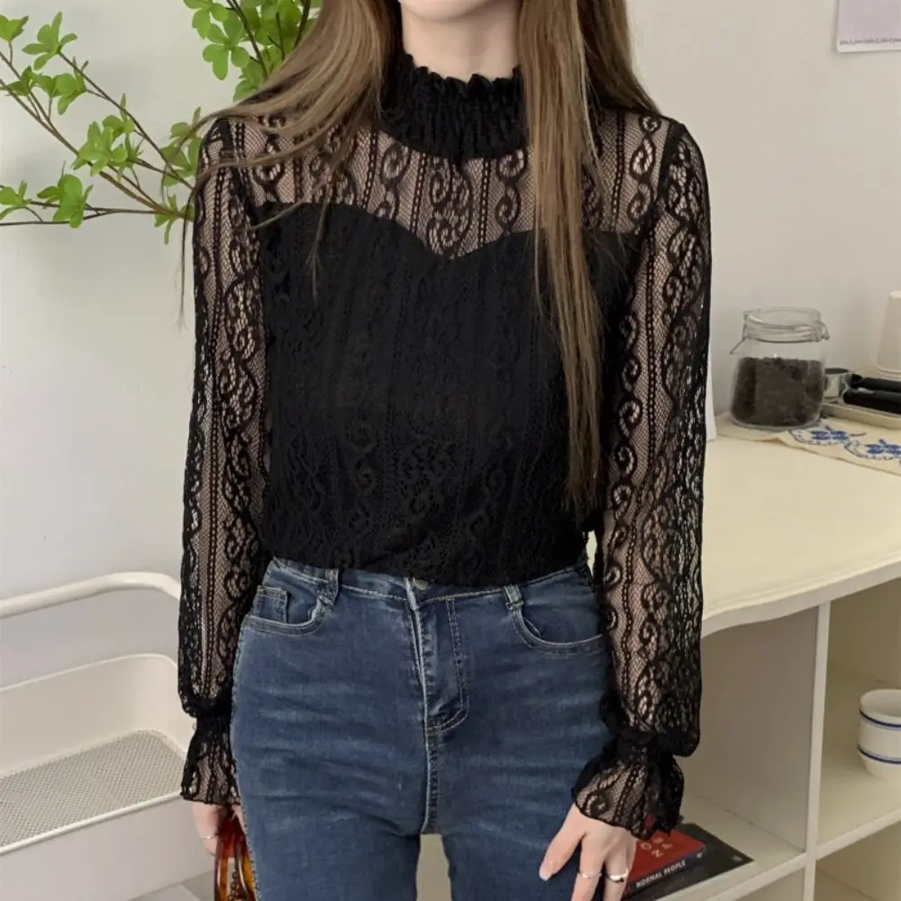 Pullover Lace Flower Top Women Half High Collar Blouse Transparent Long Sleeved Top Beach Shirts Streetwear
Pullover Lace Flower Top Women Half High Collar Blouse Transparent Long Sleeved Top Beach Shirts Streetwear