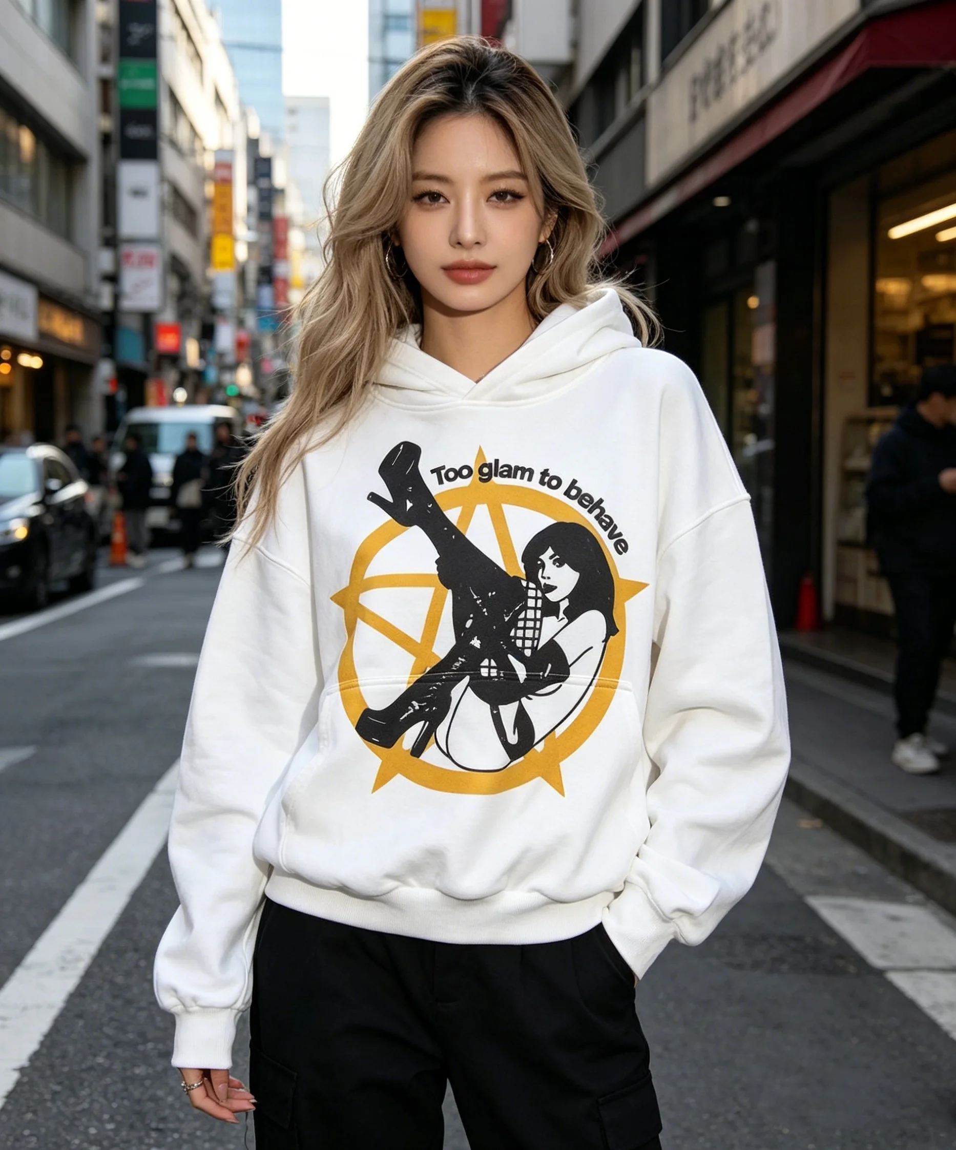 High street trendy portrait printed hoodie, retro vintage vintage five pointed star loose trendy white hooded casual top
High street trendy portrait printed hoodie, retro vintage vintage five pointed star loose trendy white hooded casual top