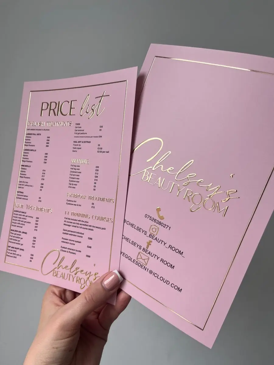 Custom Branded 3D Gold Silver Foil Price lists Treatment menus for beauty business Training Academies leaflets for Nails Lashes
Custom Branded 3D Gold Silver Foil Price lists Treatment menus for beauty business Training Academies leaflets for Nails Lashes