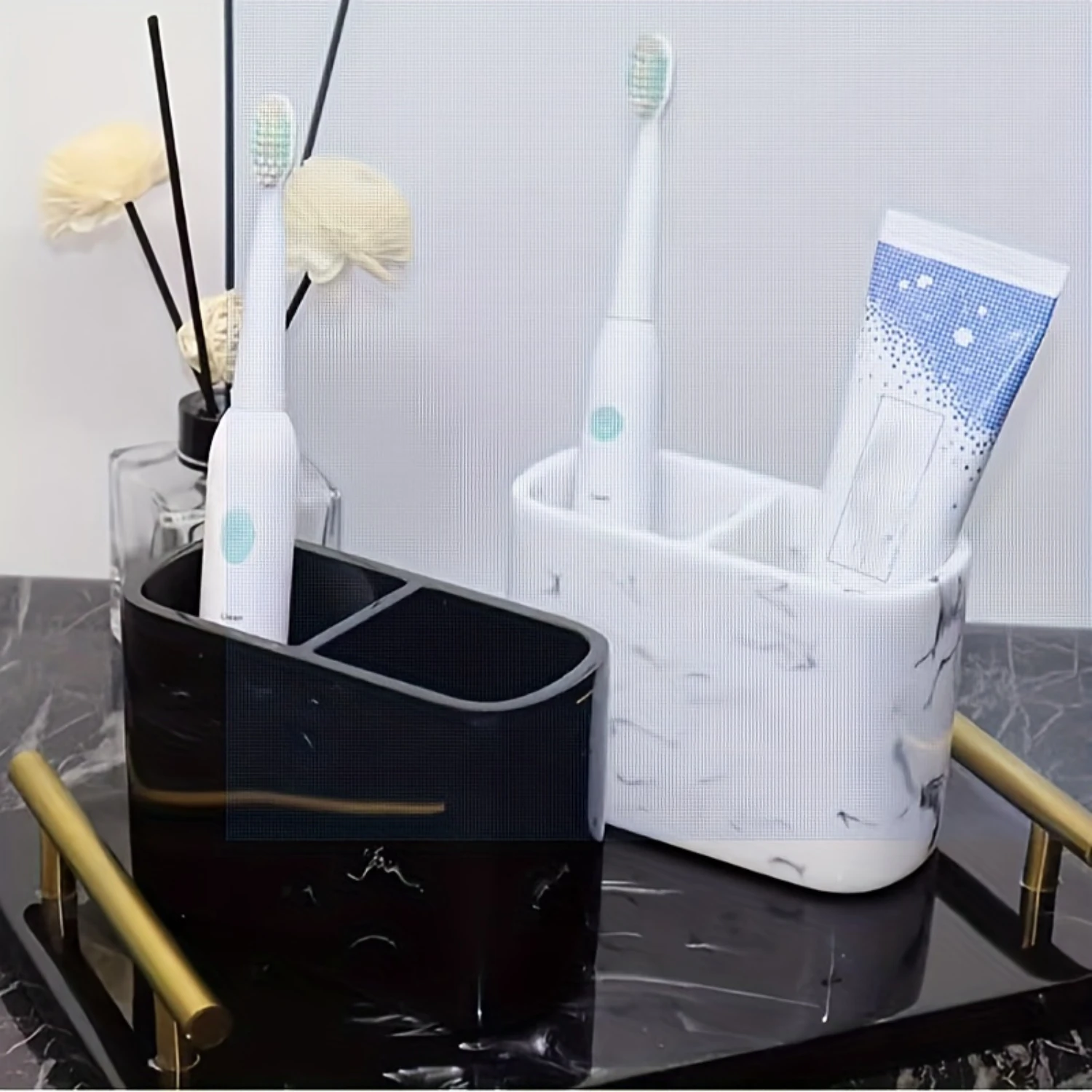 Elegant European-Style Dual Compartment Toothbrush Holder - Resin, Imitation Marble Finish, Freestanding Bathroom Organizer For
Elegant European-Style Dual Compartment Toothbrush Holder - Resin, Imitation Marble Finish, Freestanding Bathroom Organizer For