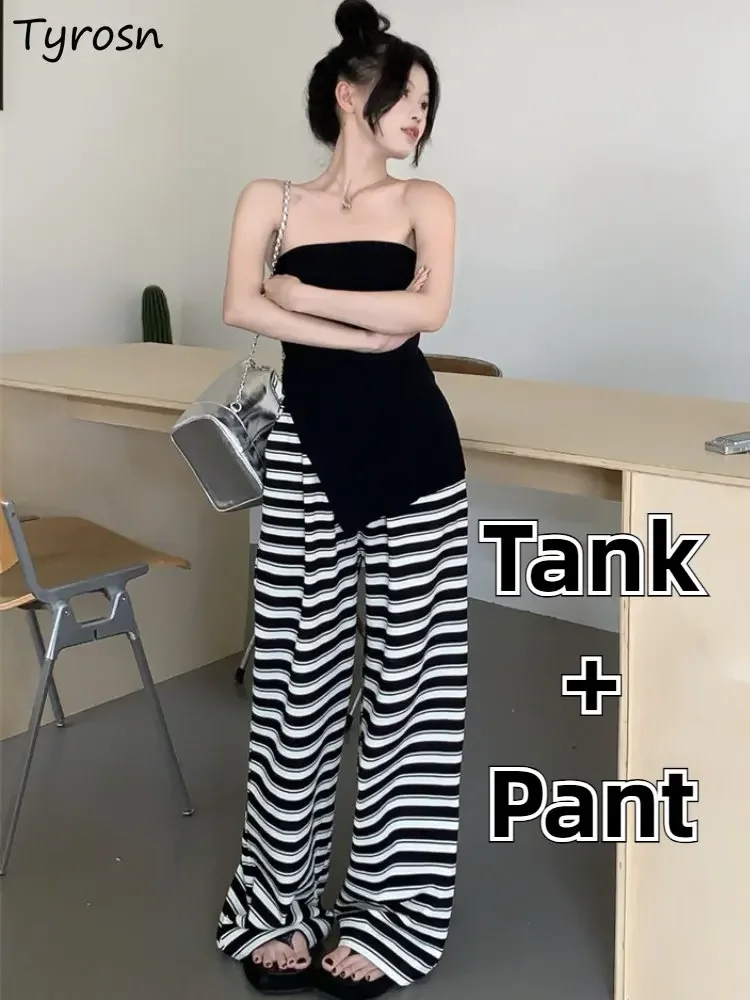 Summer Sexy 2 Piece Sets Women Irregular Strapless Black Tanks Striped Wide Leg Pants Hotsweet Casual Simple Temperament Fashion
Summer Sexy 2 Piece Sets Women Irregular Strapless Black Tanks Striped Wide Leg Pants Hotsweet Casual Simple Temperament Fashion