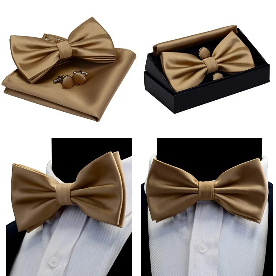 Mens Solid Color Double Fold Pre-tied Bow Tie and Pocket Square Cufflink Set with Gift Box, Champagne
Mens Solid Color Double Fold Pre-tied Bow Tie and Pocket Square Cufflink Set with Gift Box, Champagne