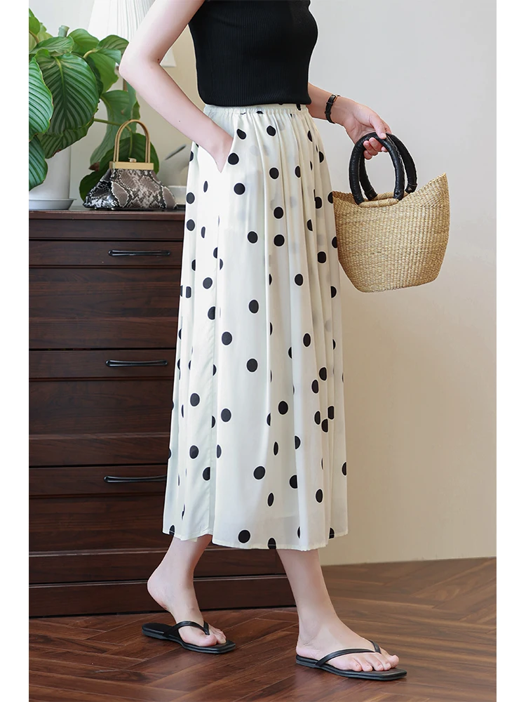 Белая шелковая юбка в горошек из двойной марли с эластичной талией, летняя тонкая шелковая юбка А-силуэта миди с винтажным принтом, повседневная
Белая шелковая юбка в горошек из двойной марли с эластичной талией, летняя тонкая шелковая юбка А-силуэта миди с винтажным принтом, повседневная