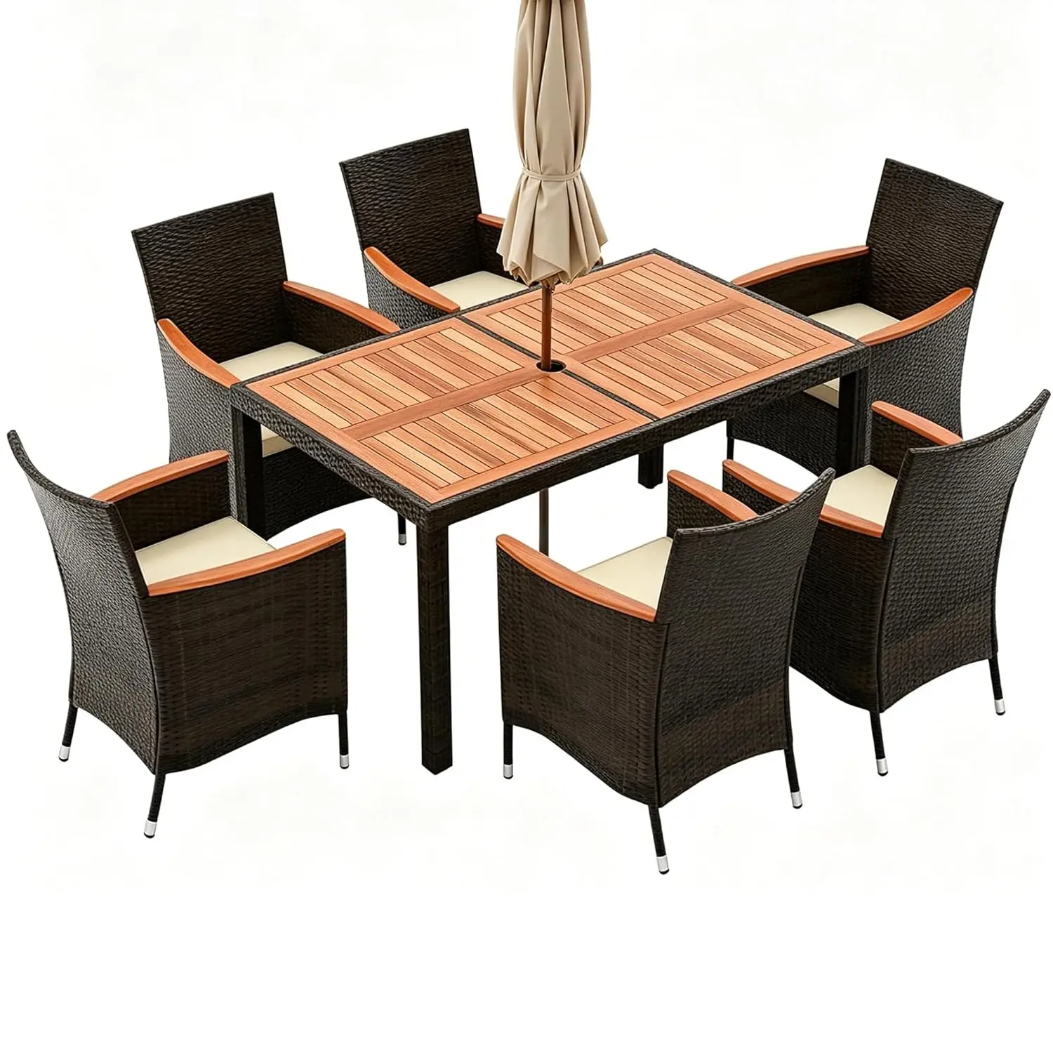 7 Piece Patio Dining Set PE Rattan Acacia Wood Table Chairs Umbrella Hole Cushion Backyard Poolside 400 Lbs Mix Brown Customized
7 Piece Patio Dining Set PE Rattan Acacia Wood Table Chairs Umbrella Hole Cushion Backyard Poolside 400 Lbs Mix Brown Customized