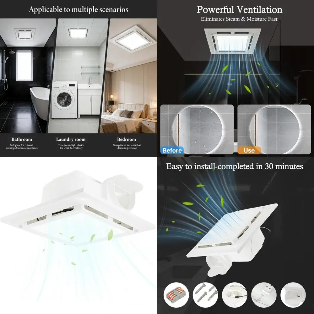 4 Duct Bathroom Ceiling Exhaust Fan with 6500K LED Light, 1200 Lumens, Low Noise 1.0 Sone, 10 x 10 Cutout, Suitable for Bath, La
4 Duct Bathroom Ceiling Exhaust Fan with 6500K LED Light, 1200 Lumens, Low Noise 1.0 Sone, 10 x 10 Cutout, Suitable for Bath, La