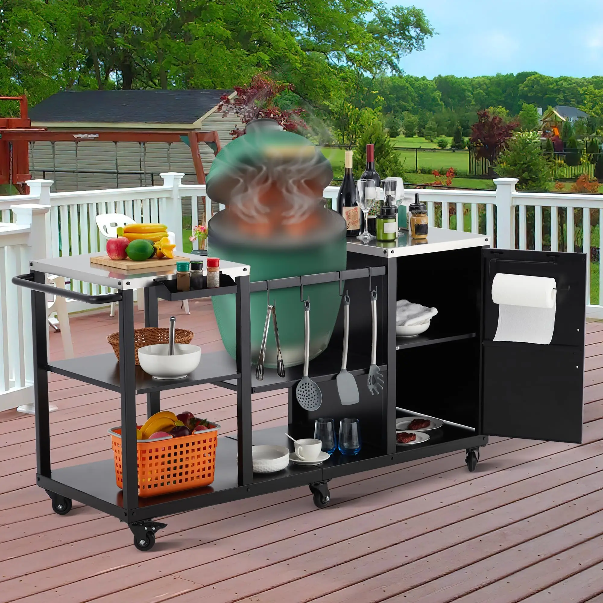 Grill Table for Big Green Egg Style BBQ, Heavy Duty Metal Outdoor Grill Station Prep Table with Storage,BBQ Prep Table with Stainless Steel Top, Storage Cabinet, Outdoor Kitchen Island
Grill Table for Big Green Egg Style BBQ, Heavy Duty Metal Outdoor Grill Station Prep Table with Storage,BBQ Prep Table with Stainless Steel Top, Storage Cabinet, Outdoor Kitchen Island