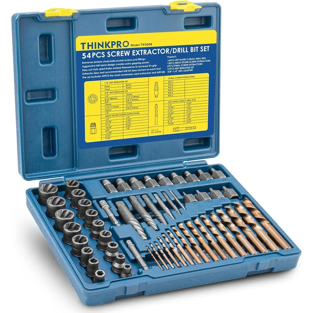 54-Piece Screw and Bolt Extraction Kit: Universal Set for Removing Stripped, Damaged, Rusted Screws and Bolts
54-Piece Screw and Bolt Extraction Kit: Universal Set for Removing Stripped, Damaged, Rusted Screws and Bolts