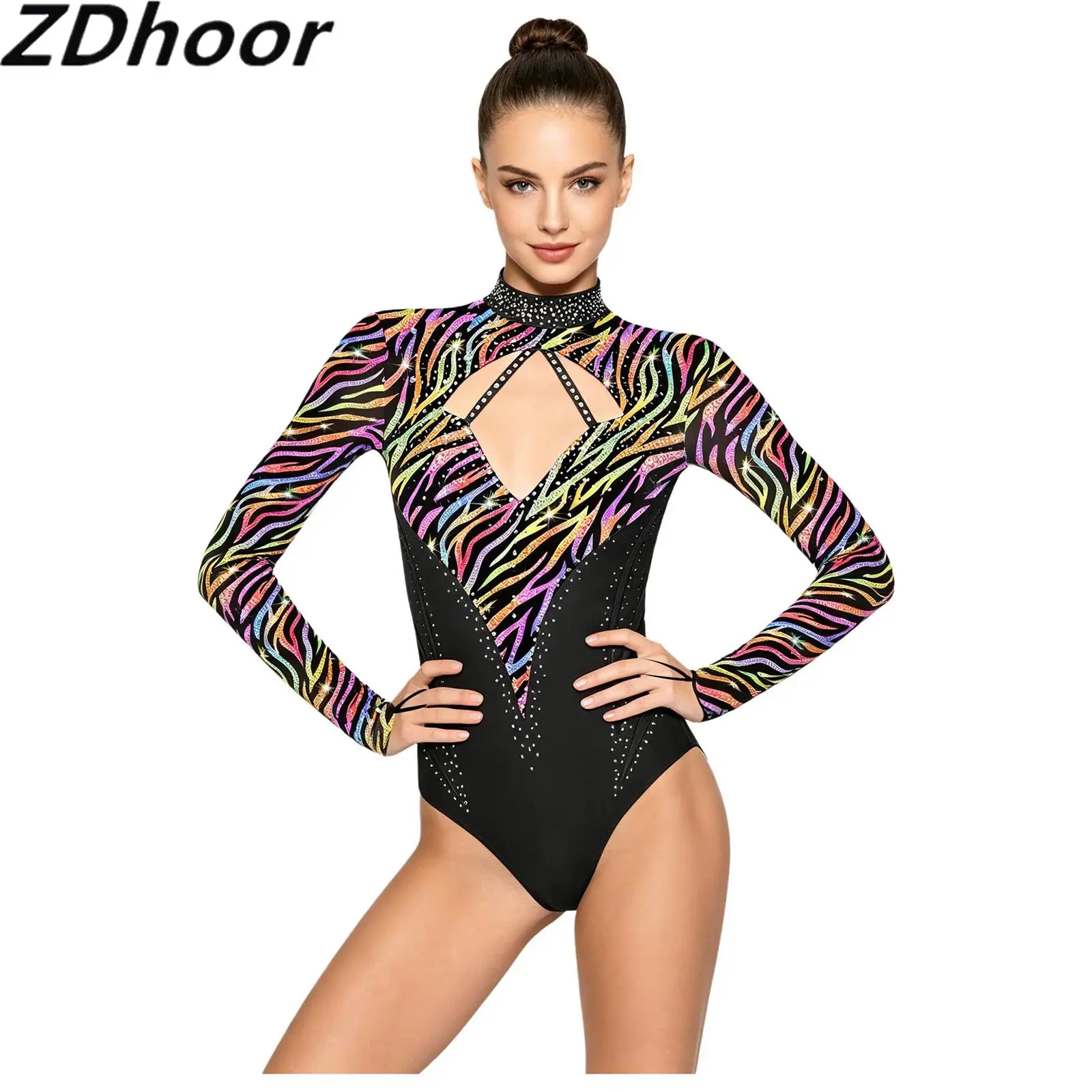 Women Gymnastics Sparkly Rhinestones Leotard Front Cutout Backless Long Sleeve Buttoned Crotch Bodysuit Jumpsuit for Dance
Women Gymnastics Sparkly Rhinestones Leotard Front Cutout Backless Long Sleeve Buttoned Crotch Bodysuit Jumpsuit for Dance
