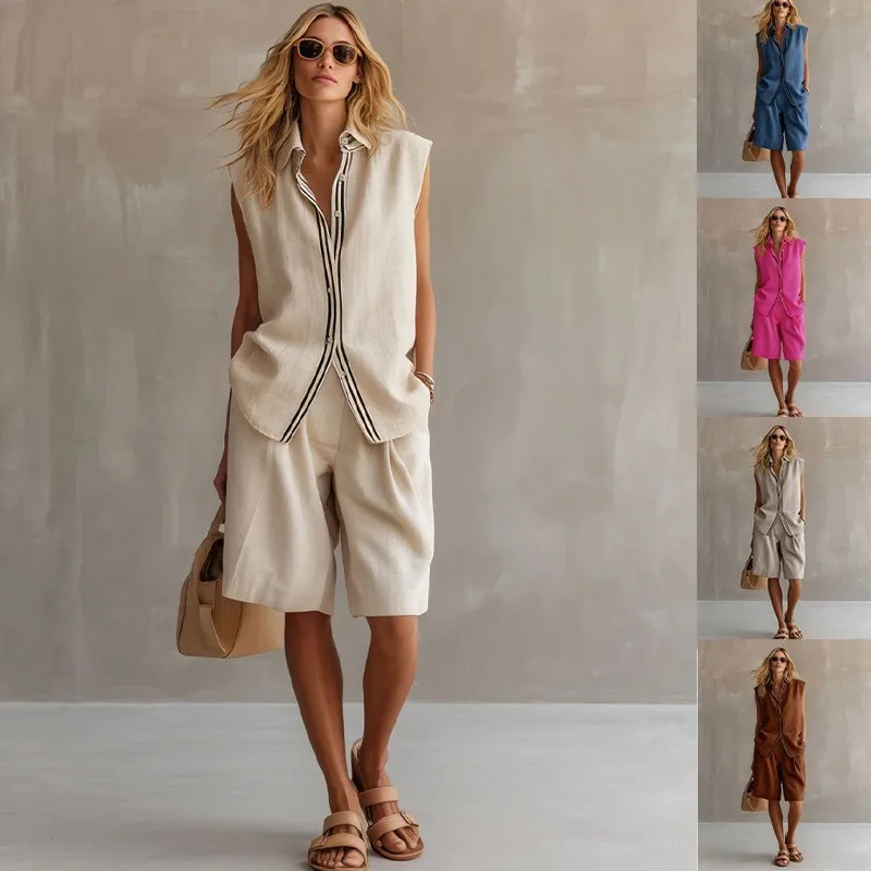 2 Pieces Set For Woman Shorts Sleeveless Shirt Short Pants Button Front Oversized Fit Solid Color Linen Shorts
2 Pieces Set For Woman Shorts Sleeveless Shirt Short Pants Button Front Oversized Fit Solid Color Linen Shorts