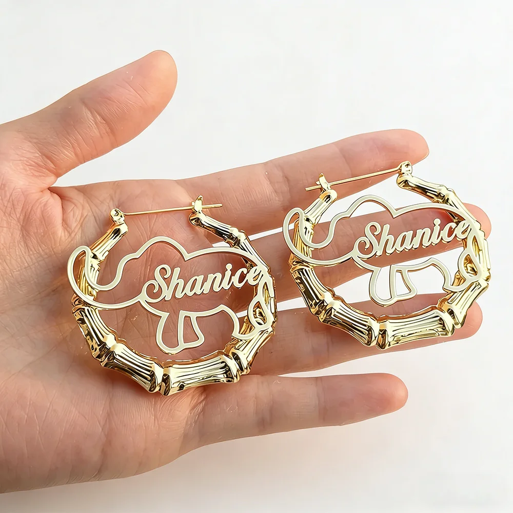 30mm–100mm bamboo-style earrings with elephant motifs; customizable bamboo-style hoop earrings with names
30mm–100mm bamboo-style earrings with elephant motifs; customizable bamboo-style hoop earrings with names
