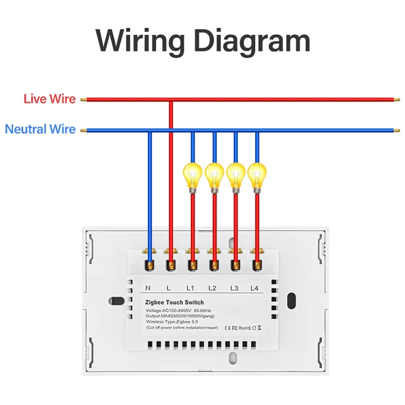 AS60-2500W Wi-Fi умный выключатель света 4-панельное сенсорное управление с нейтральным проводом для умной жизни через Alexa Google Home D
AS60-2500W Wi-Fi умный выключатель света 4-панельное сенсорное управление с нейтральным проводом для умной жизни через Alexa Google Home D