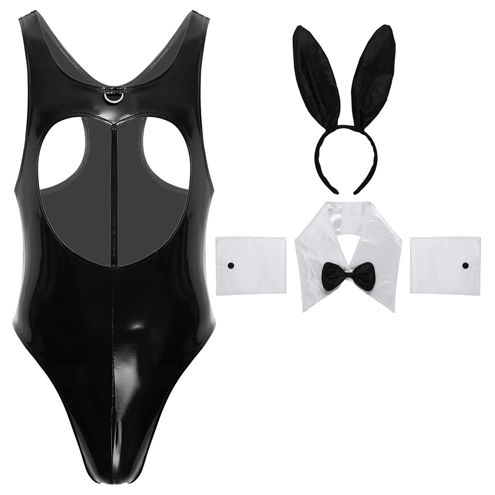 Men Wet Look Latex Bodysuit Bunny Cosplay Costume Rabbit Ear Headwear Bowtie Collar and Cuffs for Halloween Party Drag Queen Set
Men Wet Look Latex Bodysuit Bunny Cosplay Costume Rabbit Ear Headwear Bowtie Collar and Cuffs for Halloween Party Drag Queen Set