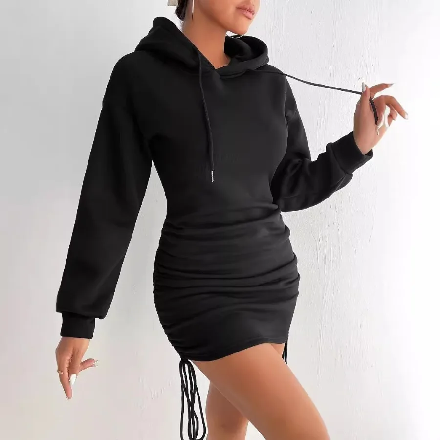 【New Arrival】Women's Black Hoodie Mini Dress, Long Sleeve Ruched Drawstring Casual Bodycon Sweatshirt Dress
【New Arrival】Women's Black Hoodie Mini Dress, Long Sleeve Ruched Drawstring Casual Bodycon Sweatshirt Dress