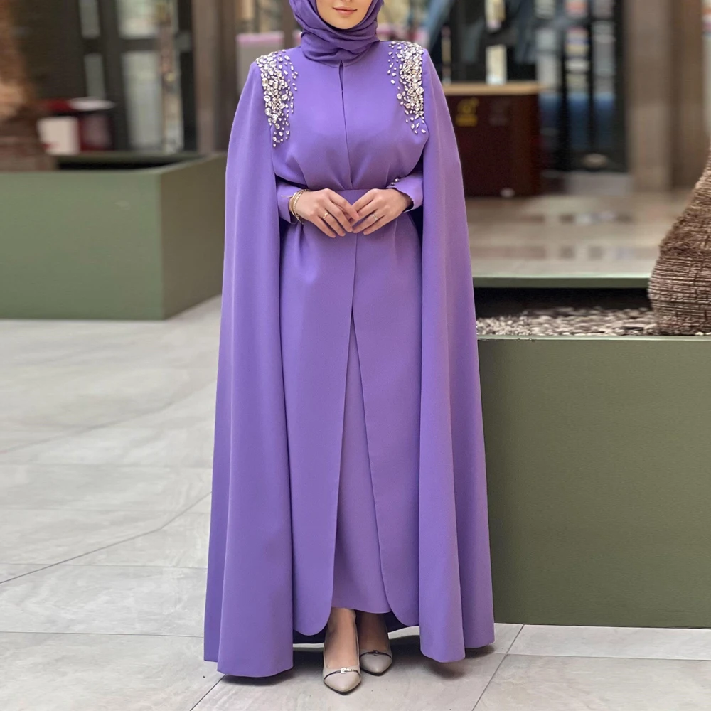 Customized Cape Sleeve Muslim Evening Dress Crystal Embellished Hijab Maxi Dresses Purple vestido de fiesta lujo for Guest
Customized Cape Sleeve Muslim Evening Dress Crystal Embellished Hijab Maxi Dresses Purple vestido de fiesta lujo for Guest