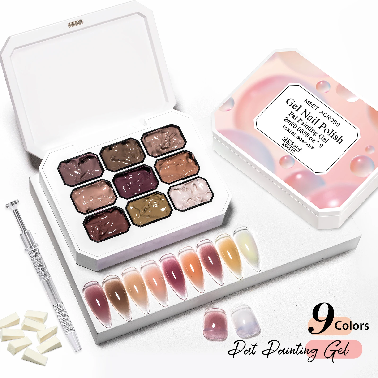 9 Colors Pat Painting Nail Gel , Silver Sponge Crab Clip & Sponges Set Gradient Effect Nail Art Mini 9-Color Nail Polish Kit
9 Colors Pat Painting Nail Gel , Silver Sponge Crab Clip & Sponges Set Gradient Effect Nail Art Mini 9-Color Nail Polish Kit