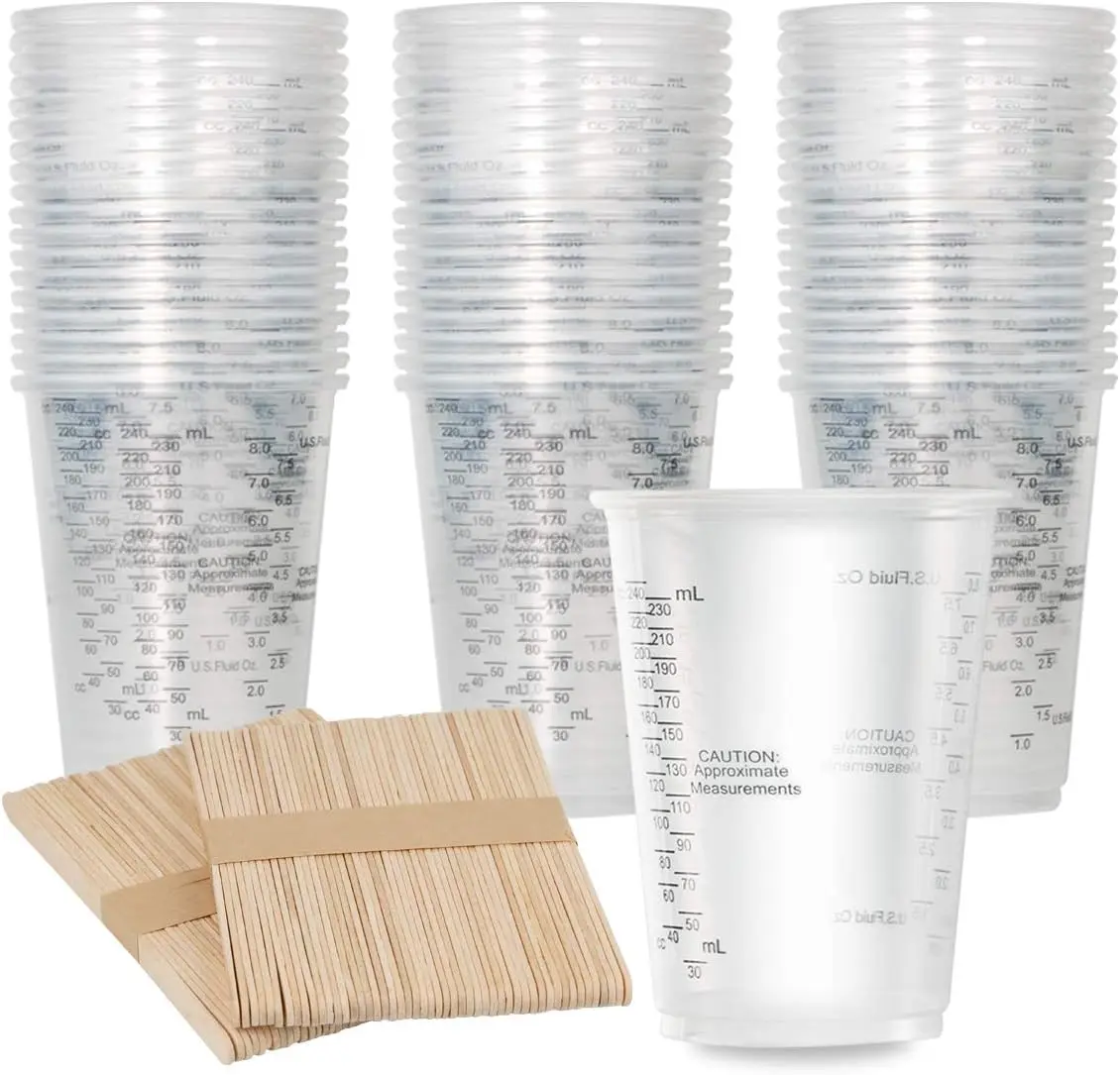 100pcs 8oz Clear Plastic Measuring Cups with 100pcs Wooden Stirring Sticks for Paint, Epoxy, Resin Mixing
100pcs 8oz Clear Plastic Measuring Cups with 100pcs Wooden Stirring Sticks for Paint, Epoxy, Resin Mixing