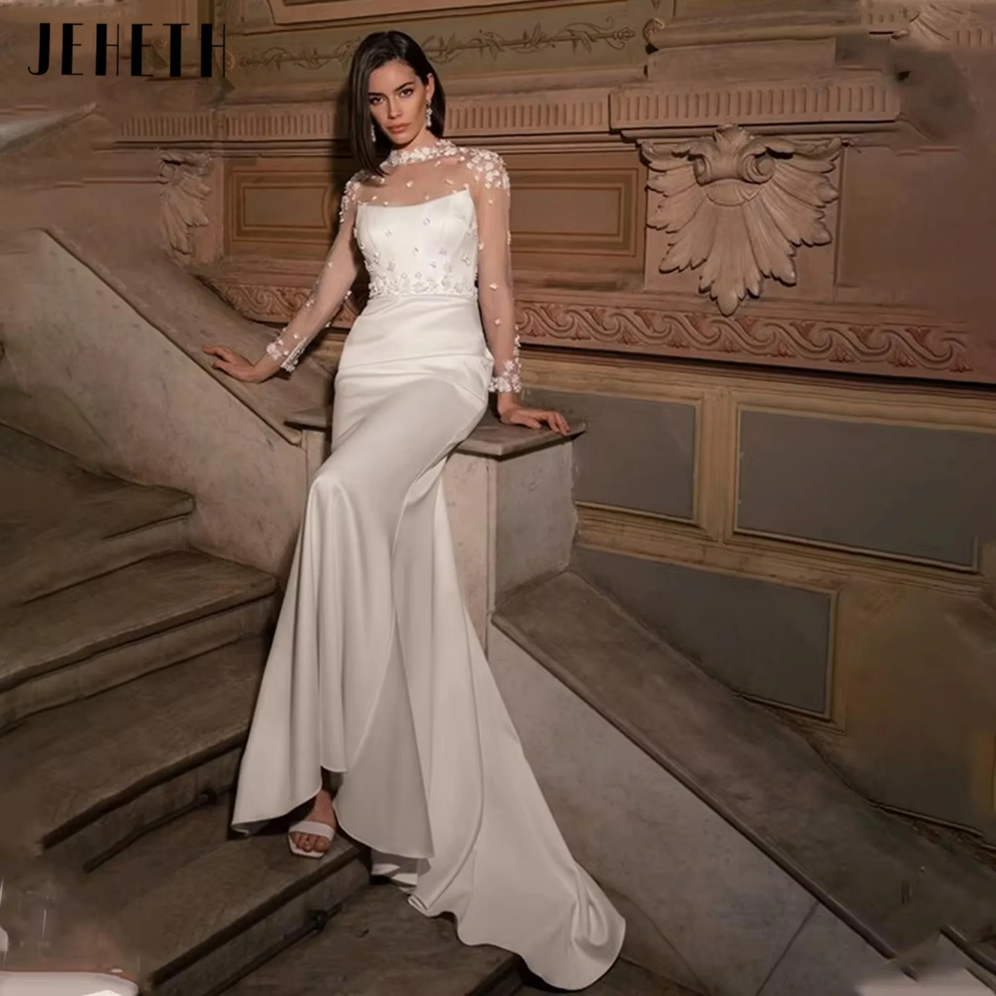 JEHETH Charming High Neck Full Sleeves Satin Shath Wedding Dresses Sweep Train Custom Made 2025 Vestido De Noival Customized
JEHETH Charming High Neck Full Sleeves Satin Shath Wedding Dresses Sweep Train Custom Made 2025 Vestido De Noival Customized