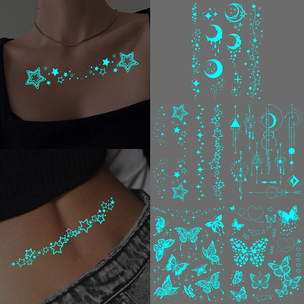 5pcs Blue Luminous Glow Waterproof Temporary Tattoo Sticker Line Star Butterfly Flash Tatto Women Men Arm Body Art Fake Tattoos
5pcs Blue Luminous Glow Waterproof Temporary Tattoo Sticker Line Star Butterfly Flash Tatto Women Men Arm Body Art Fake Tattoos