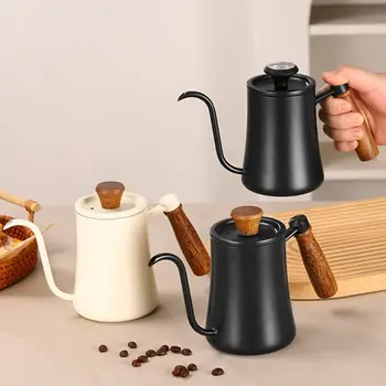 Stainless Steel Goose Neck Coffee Pot 550ml/850ml Drip Port Long Narrow Drip Carafe Wooden Handle Scale Pour Over Coffee Kettle