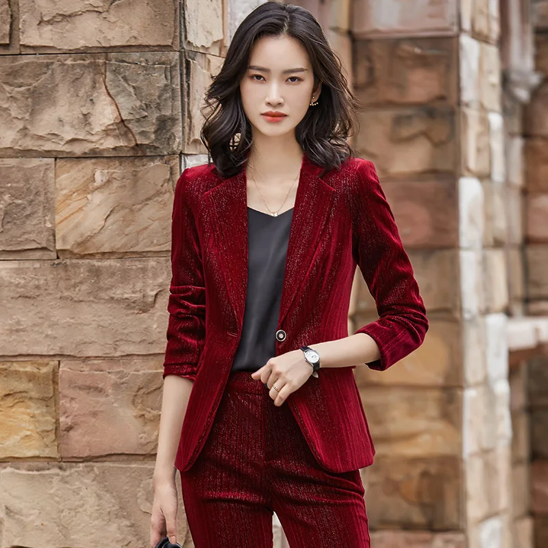 Fashion Red Green Black Blue Ladies Pant Suit Women Female Work Wear Formal Jacket Blazer and Trouser Striped 2 Piece Set
Fashion Red Green Black Blue Ladies Pant Suit Women Female Work Wear Formal Jacket Blazer and Trouser Striped 2 Piece Set