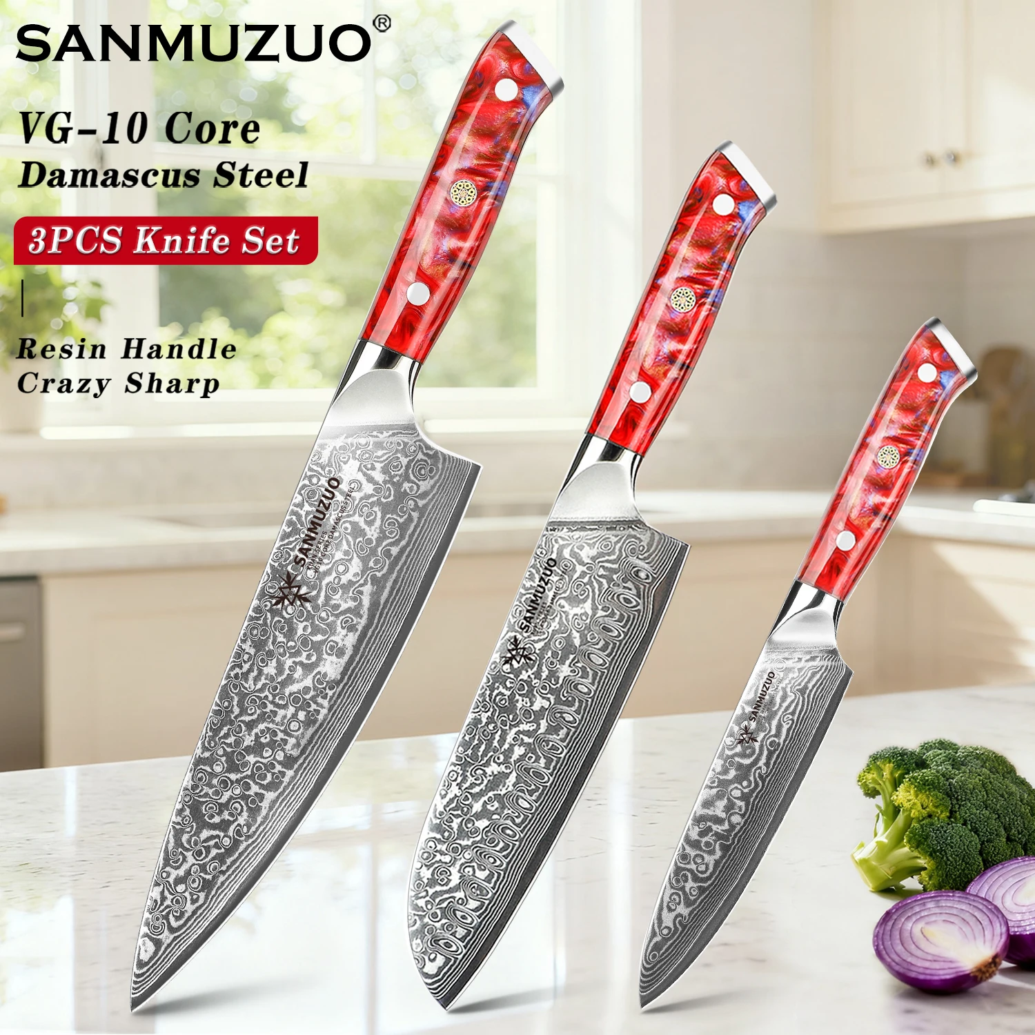 SANMUZUO Kitchen Knife Set 3PCS -XUAN Serise -Damascus Steel Chef,Santoku&Utility Knife -Resin Handle -Sharp Knives for Cooking
SANMUZUO Kitchen Knife Set 3PCS -XUAN Serise -Damascus Steel Chef,Santoku&Utility Knife -Resin Handle -Sharp Knives for Cooking