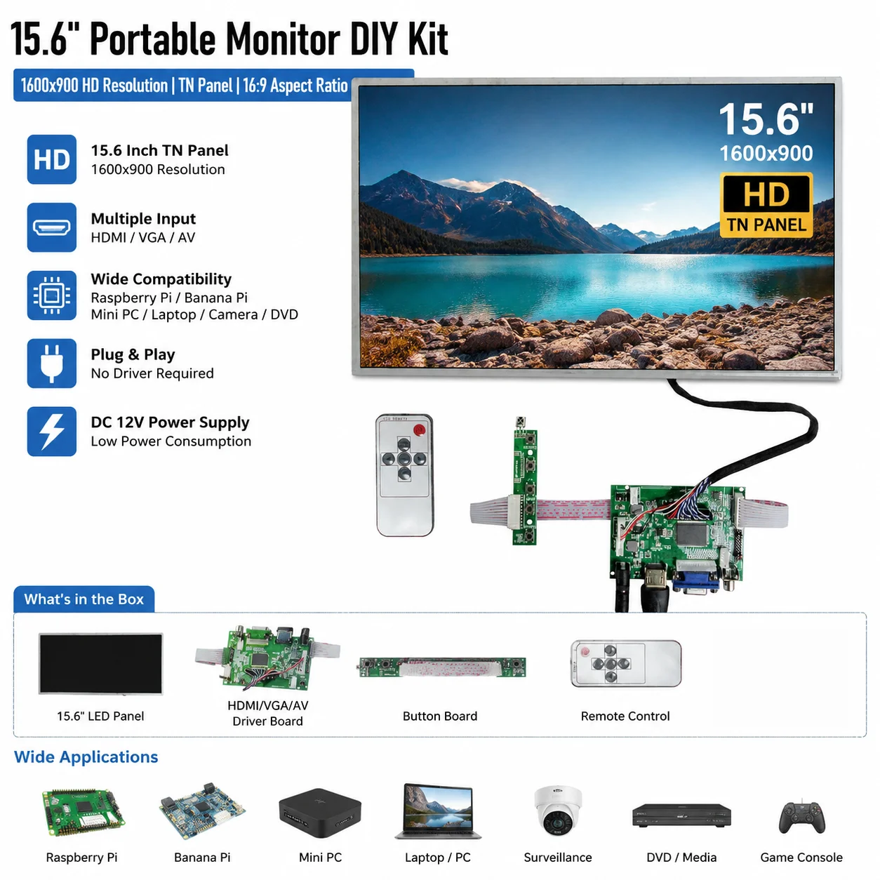 15.6-inch 1600*900 LCD display VGA 2AV control driver board kit HDMI-compatible PC monitor Raspberry Pi DIY secondary screen
15.6-inch 1600*900 LCD display VGA 2AV control driver board kit HDMI-compatible PC monitor Raspberry Pi DIY secondary screen