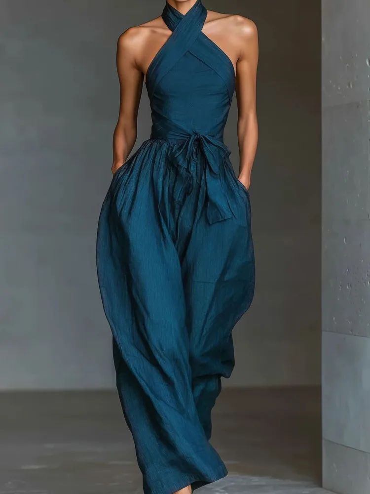 2026 New Fashion Sexy Cross Halter Backless Jumpsuit Woman Elegant Solid Tie Waist Romper Summer Hollow Wide Leg Pocket Overalls
2026 New Fashion Sexy Cross Halter Backless Jumpsuit Woman Elegant Solid Tie Waist Romper Summer Hollow Wide Leg Pocket Overalls