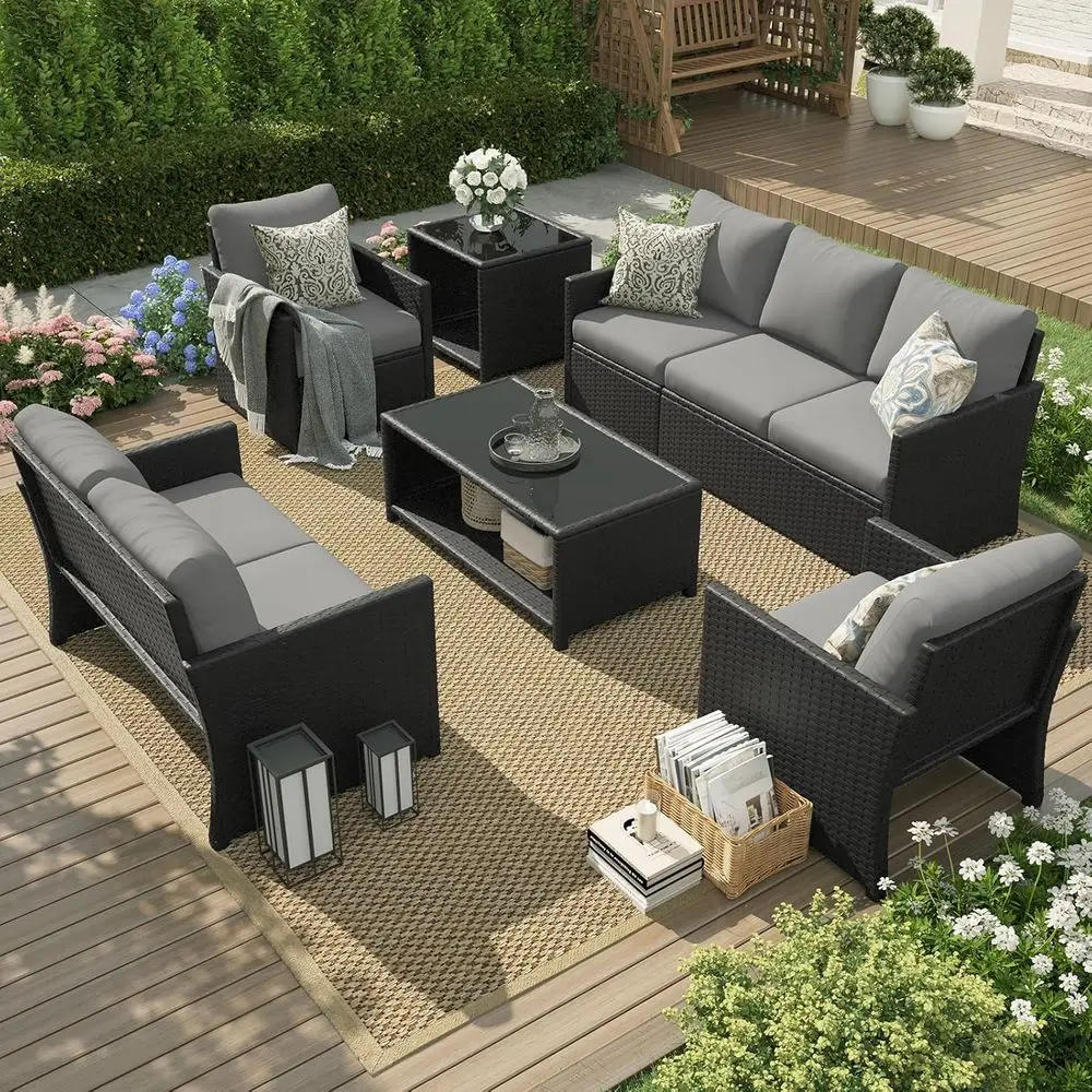 7-Piece Outdoor Patio Furniture Set with Two Tables, Black Rattan Wicker with Grey Cushions for Garden, Deck, and Poolside
7-Piece Outdoor Patio Furniture Set with Two Tables, Black Rattan Wicker with Grey Cushions for Garden, Deck, and Poolside